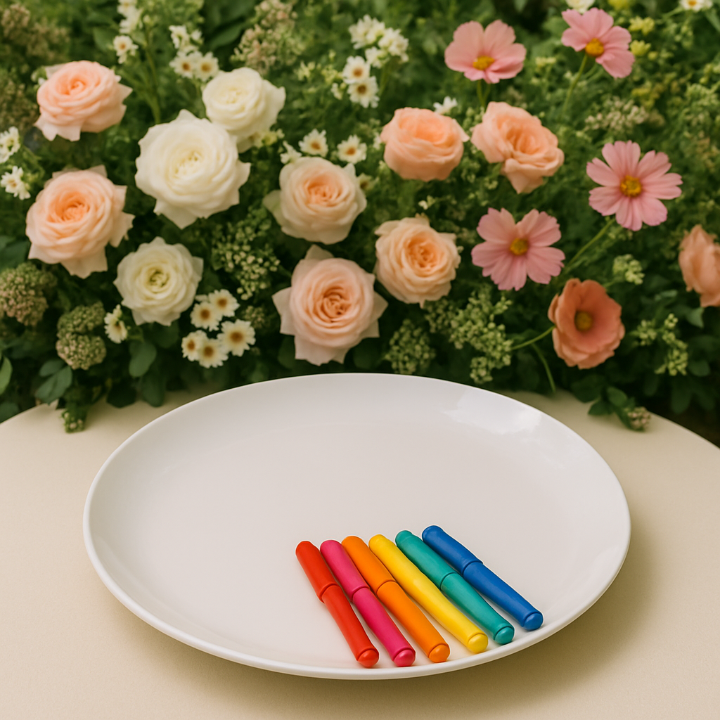 A white ceramic plate with colorful markers, surrounded by flowers