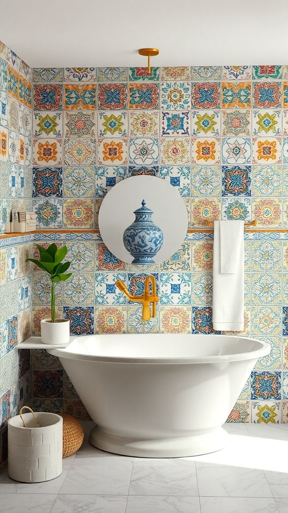 Colorful ceramic tile mosaics on a bathroom wall with a white bathtub and decorative items.