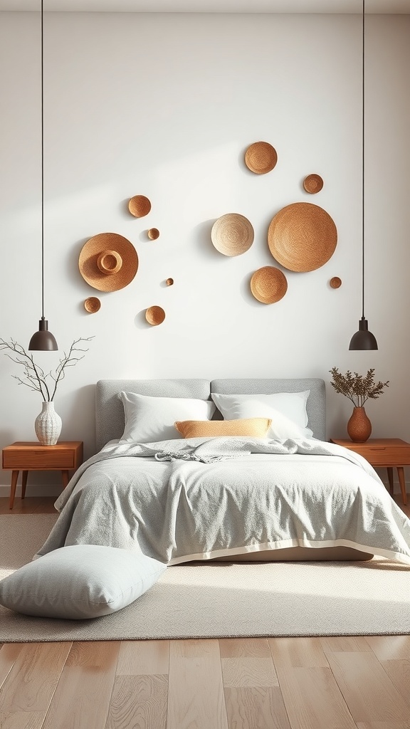 Ceramic wall sculptures in warm tones arranged on a white wall above a bed in a Japandi-style bedroom.