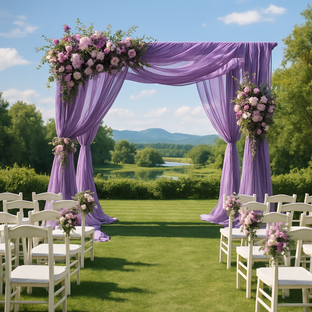 Outdoor wedding ceremony backdrop with purple draping and floral arrangements