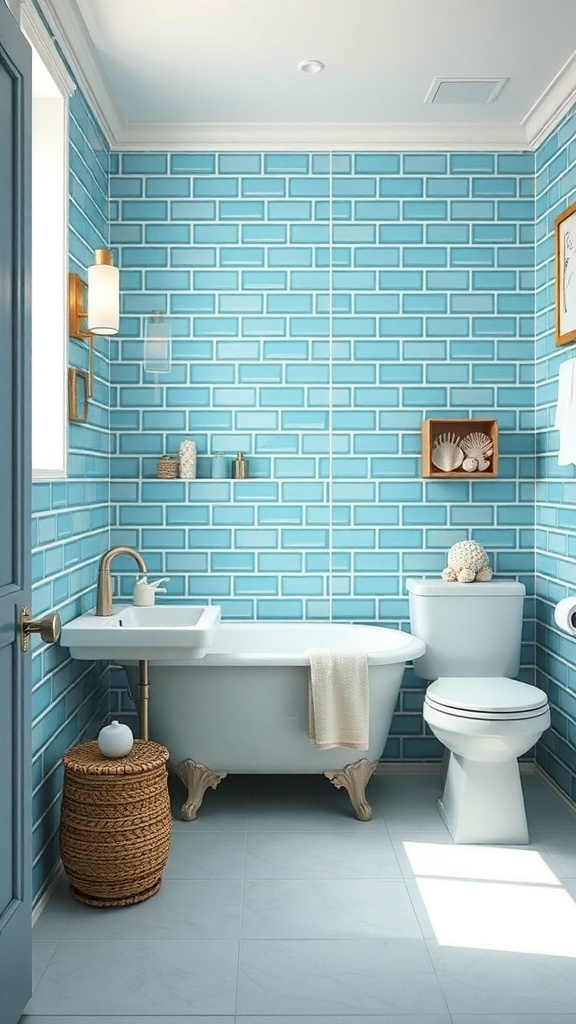 A bathroom featuring cerulean tiles, a freestanding bathtub, and coastal decor.