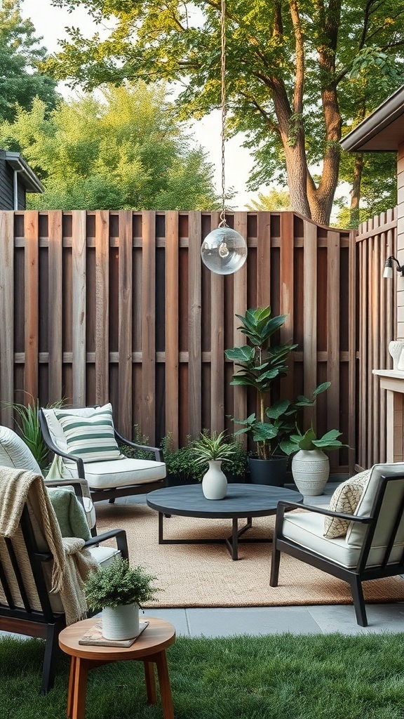 A cozy backyard with a stylish chain link fence featuring privacy slats, comfortable seating, and greenery.