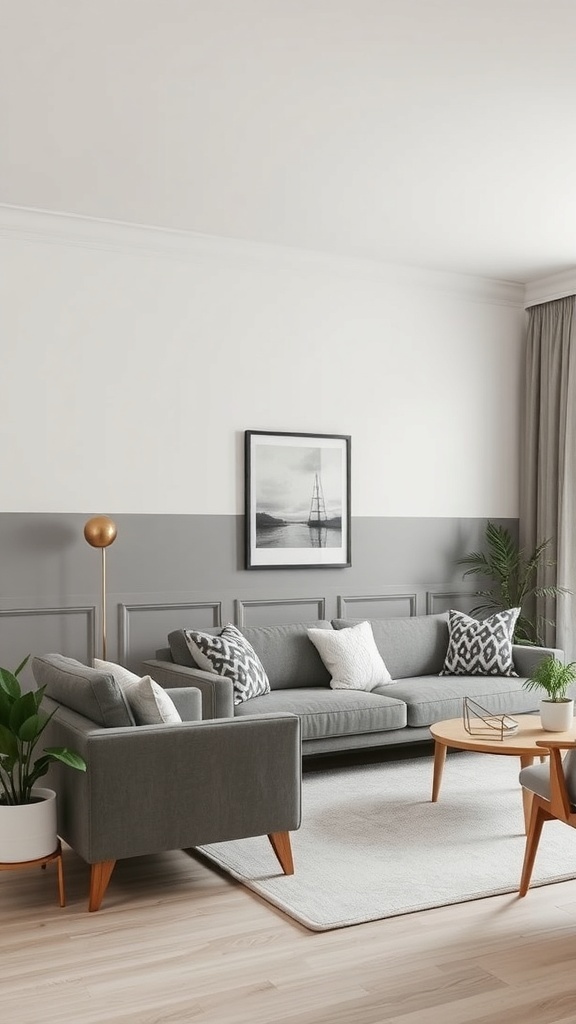 Living room with chair rail accent, gray walls, and cozy furniture
