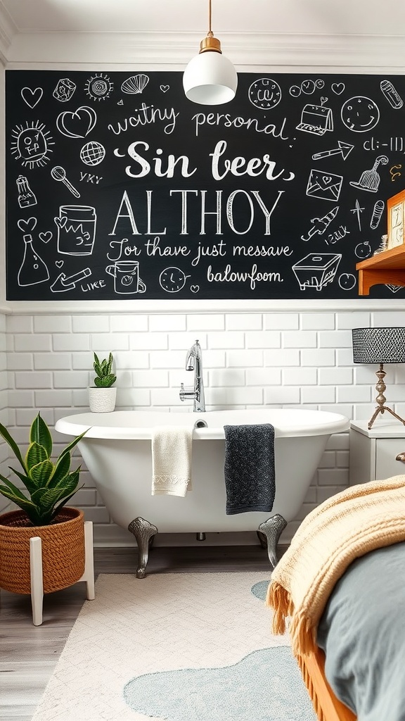 Chalkboard wall art in a bathroom featuring personal messages and doodles.