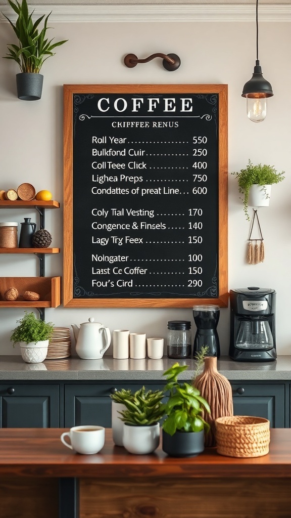 Chalkboard coffee menu with various coffee options and prices displayed in a stylish kitchen setting.