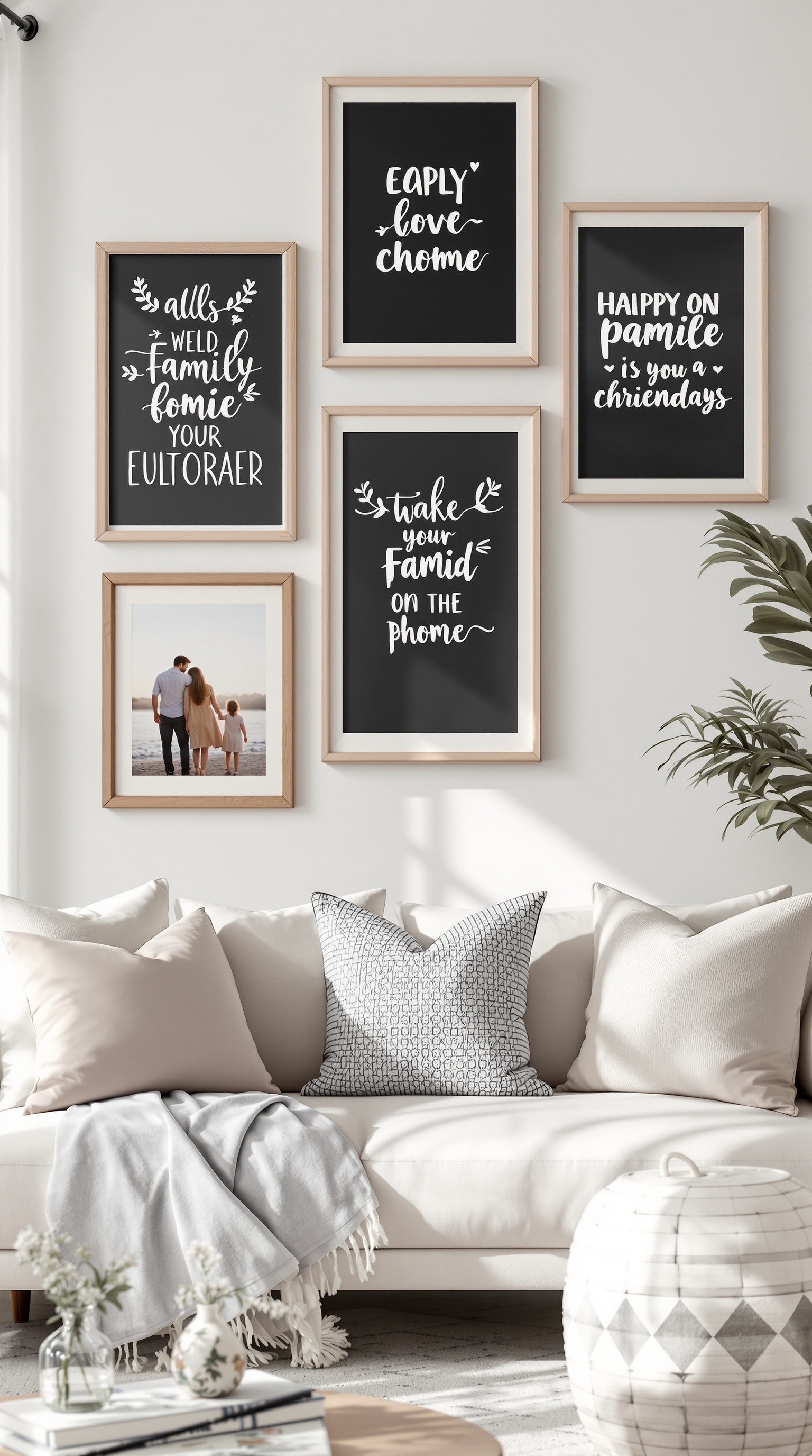 A cozy living room with a chalkboard frame photo wall featuring family quotes and a picture of a family.