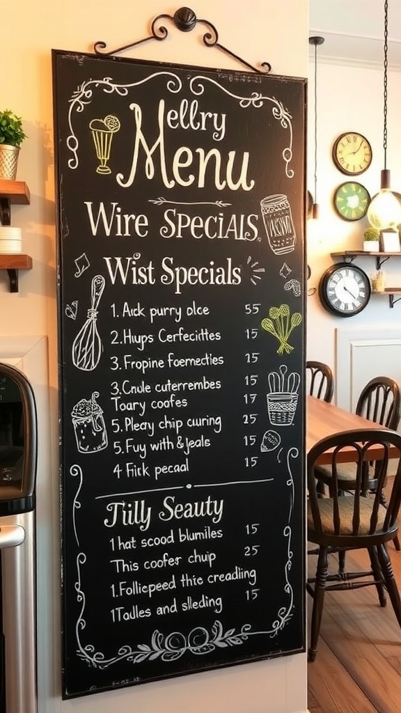 A cozy kitchen with a chalkboard menu displaying daily specials and meal options.
