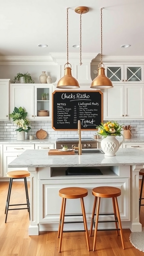 A kitchen island featuring a chalkboard menu detailing various menu items and decor elements.