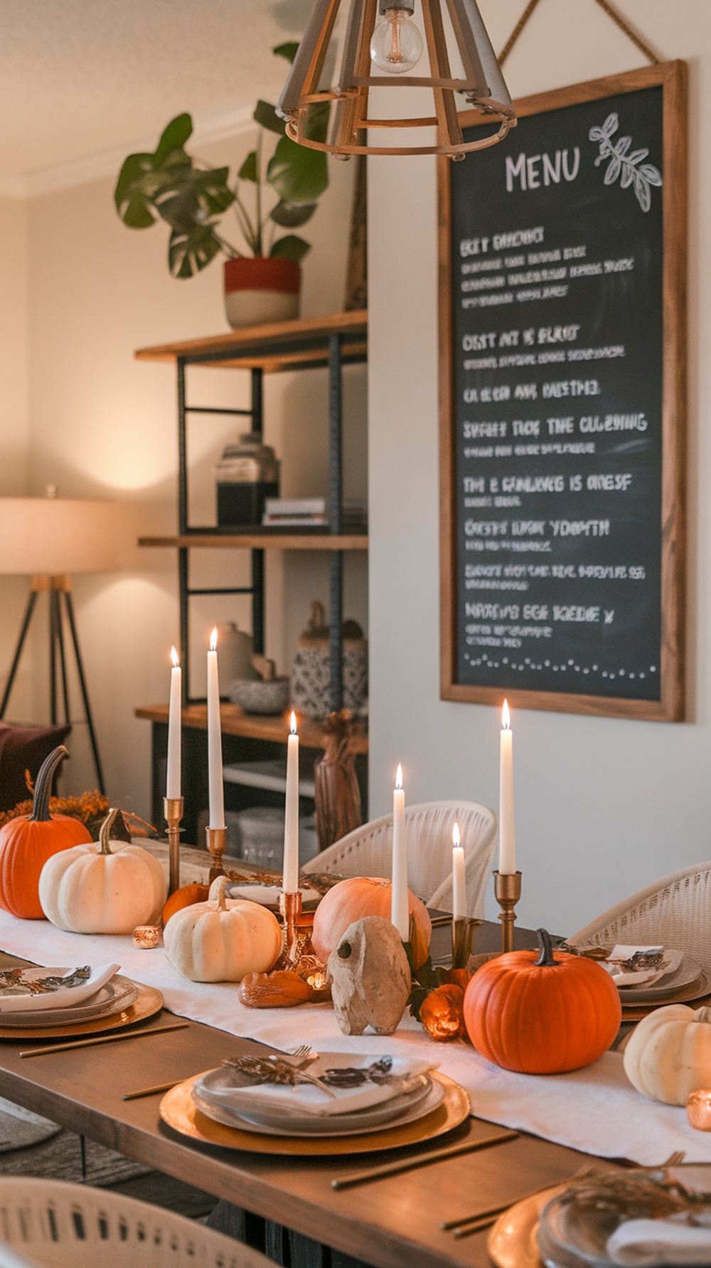 A rustic Thanksgiving table setting featuring a chalkboard menu, pumpkins, candles, and elegant tableware.