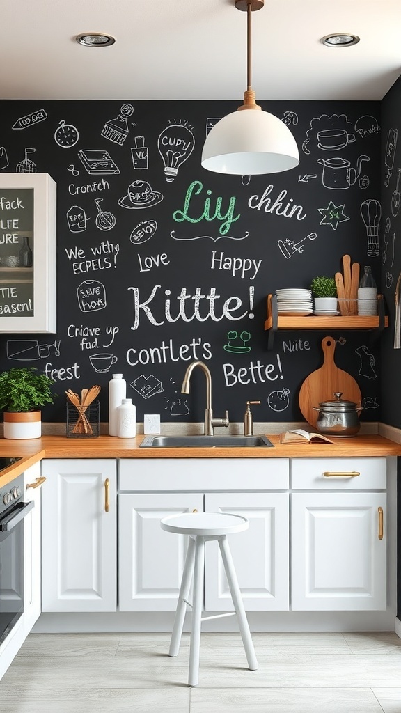 A kitchen with a chalkboard accent wall filled with doodles and messages, featuring white cabinets and a wooden countertop.