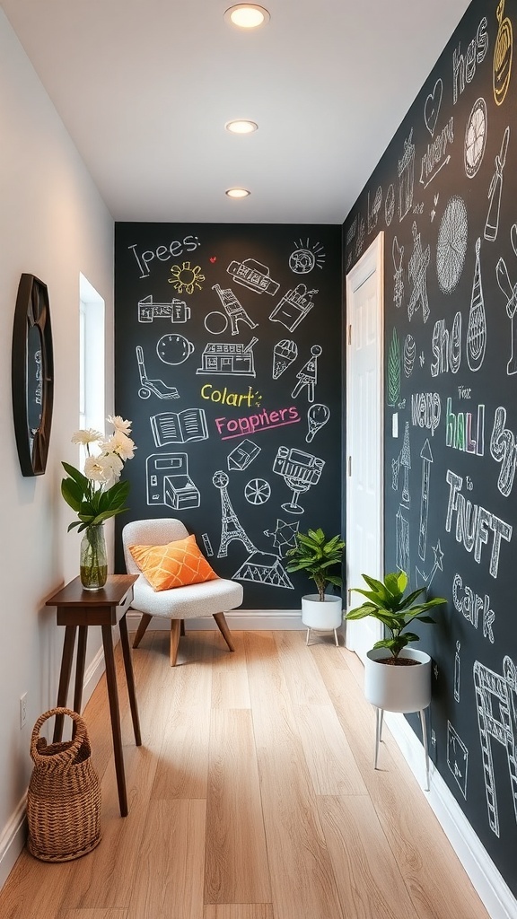 A hallway with a chalkboard accent wall filled with colorful doodles and notes, featuring a small table, chair, and plants.