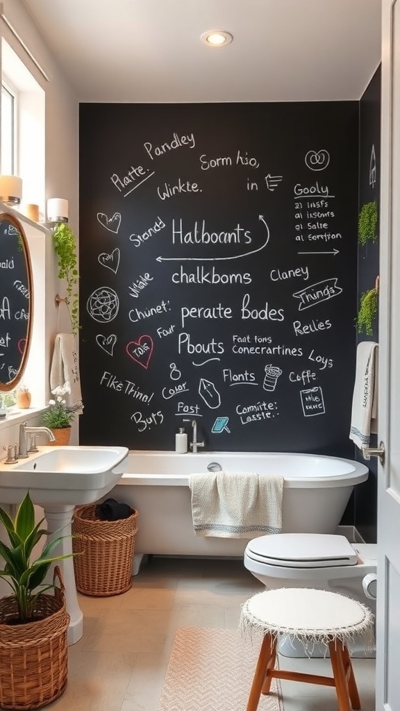 A bathroom with a chalkboard wall filled with doodles and notes, featuring a bathtub, sink, and plants.