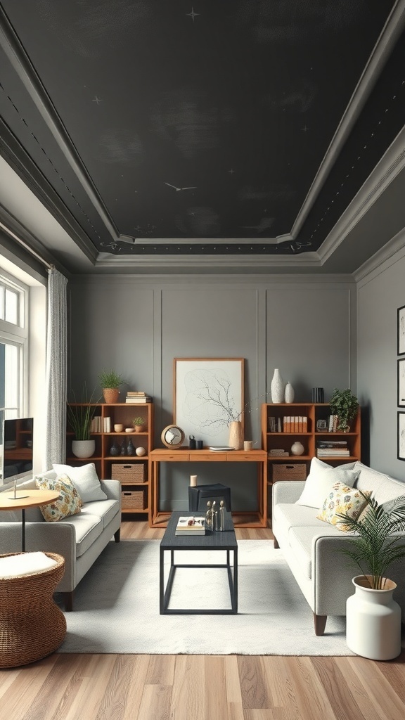 Living room with a tray ceiling painted in chalkboard paint, featuring modern furnishings