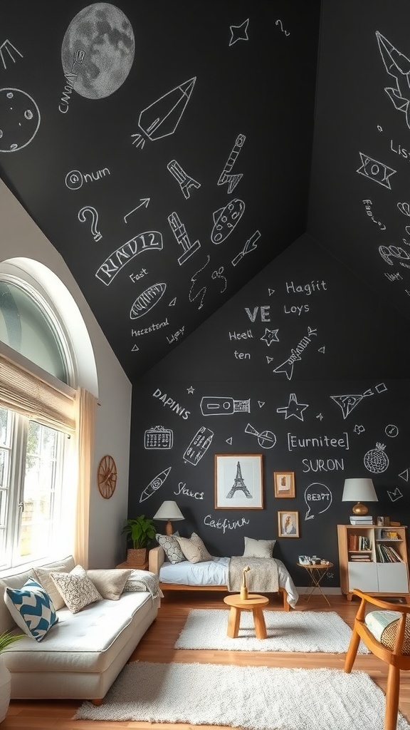 A stylish room with a vaulted ceiling painted in chalkboard paint, featuring colorful doodles and designs.