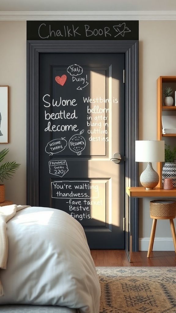 A bedroom door painted with chalkboard paint, featuring colorful chalk messages and doodles.