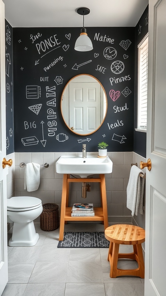 A small bathroom with a chalkboard accent wall filled with doodles and notes, featuring a wooden sink stand and round mirror.