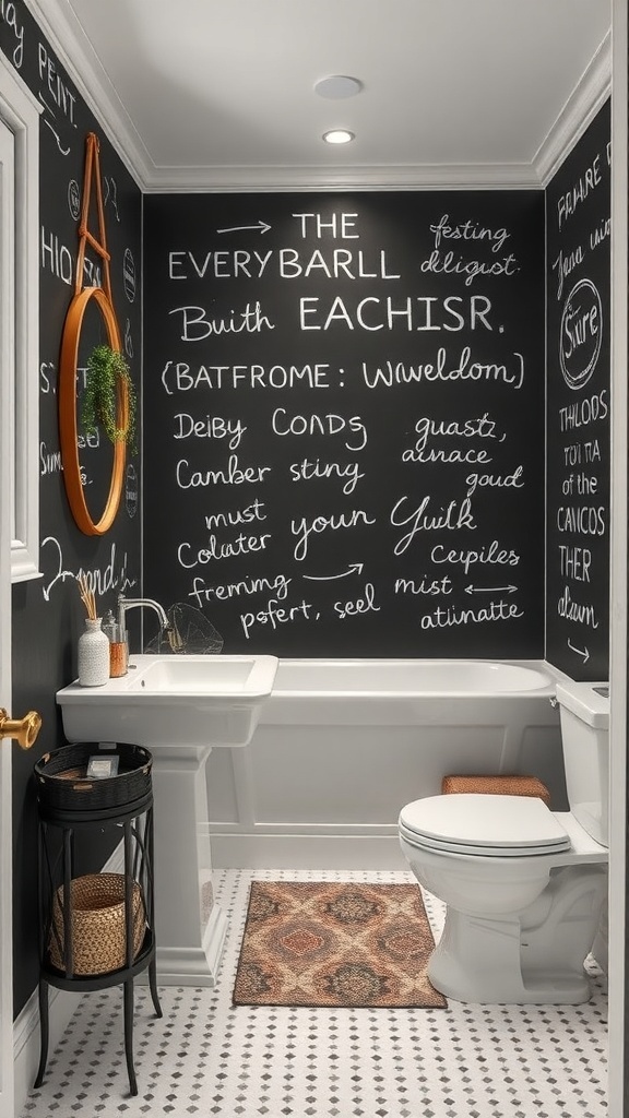 Small bathroom with chalkboard walls, white fixtures, and decorative elements.