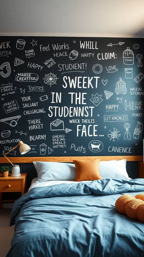 A dorm room wall covered in chalkboard art featuring various doodles and phrases.