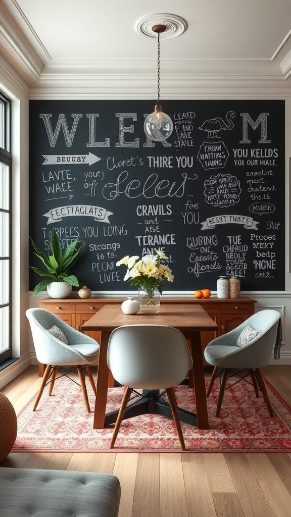 A chalkboard wall filled with welcoming phrases and decorations inside a cozy dining area.