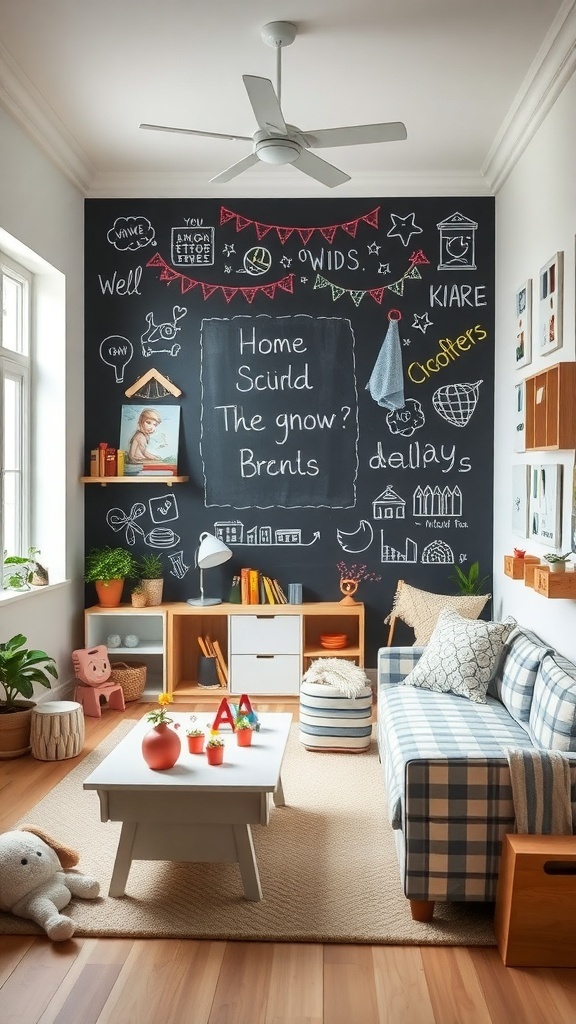 A cozy room with a chalkboard wall filled with doodles and notes, showcasing a playful and creative atmosphere.