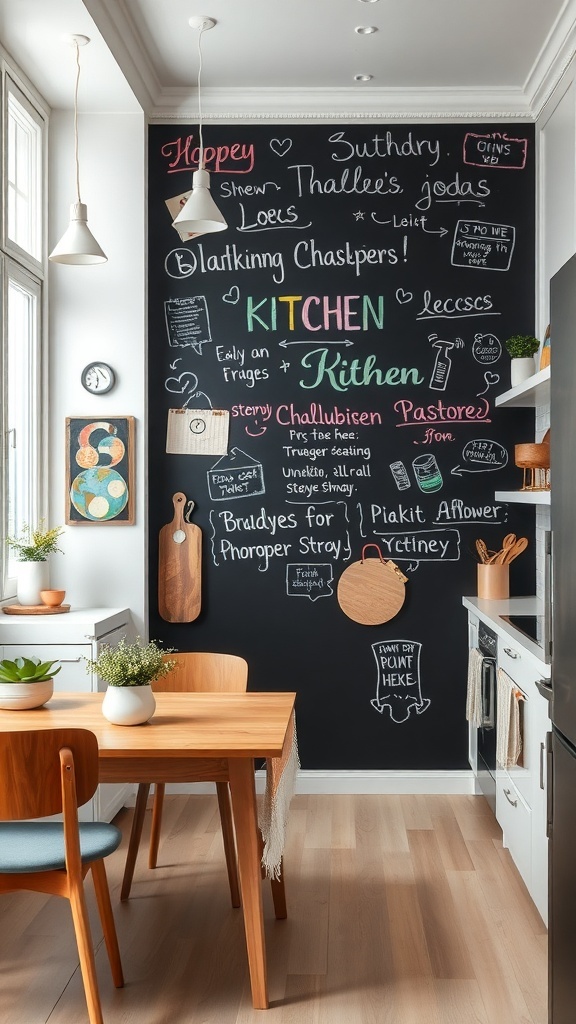 A kitchen with a chalkboard wall filled with colorful notes and drawings, wooden dining table, and light-colored cabinets.