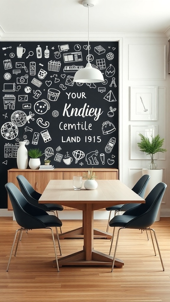 A dining room with a chalkboard accent wall featuring doodles and text, complemented by a modern table and chairs.