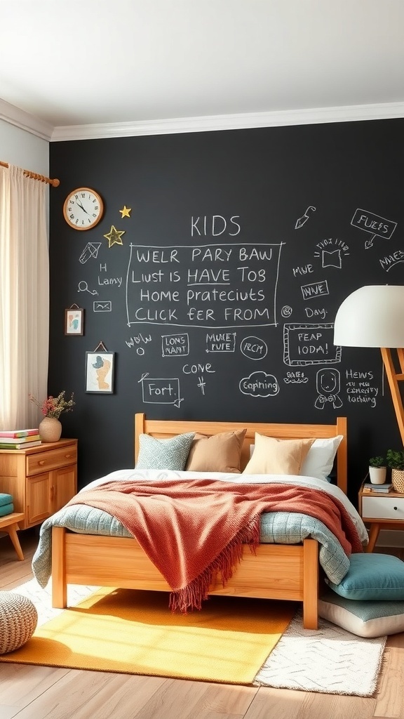 A cozy bedroom featuring a chalkboard wall filled with drawings and notes, showcasing a creative space for kids.