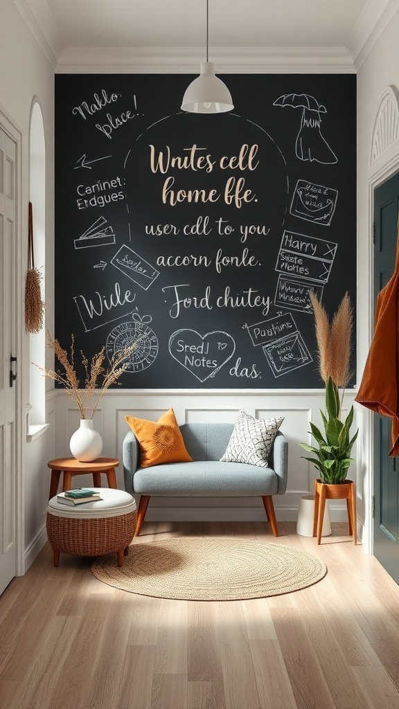 Chalkboard wall in an entryway with notes and drawings