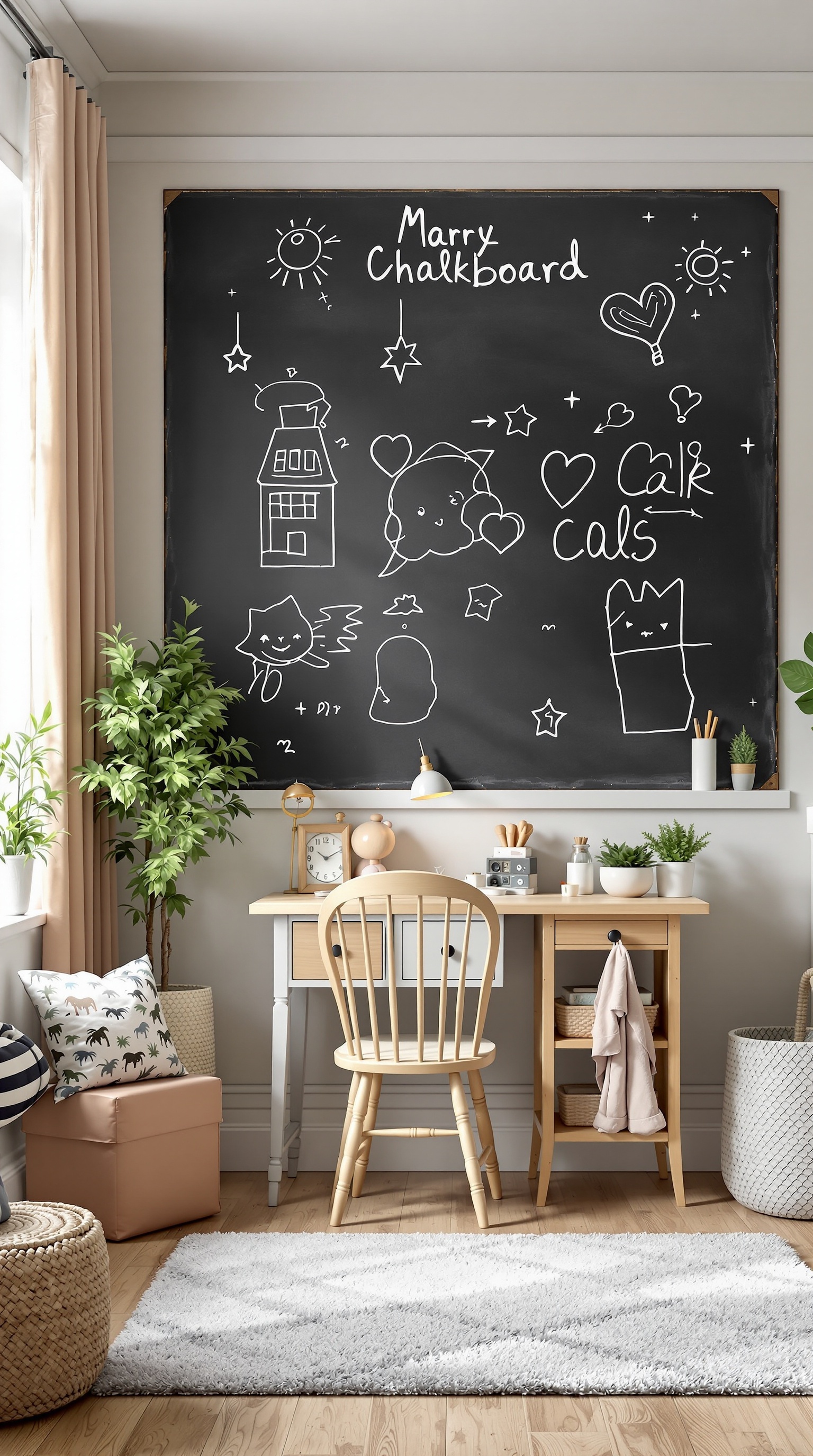 A small kids room with a chalkboard wall filled with doodles, a desk, and plants.
