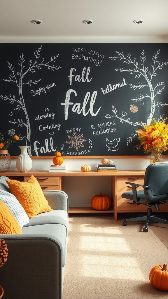 Chalkboard with autumn messages and decorations in an office setting