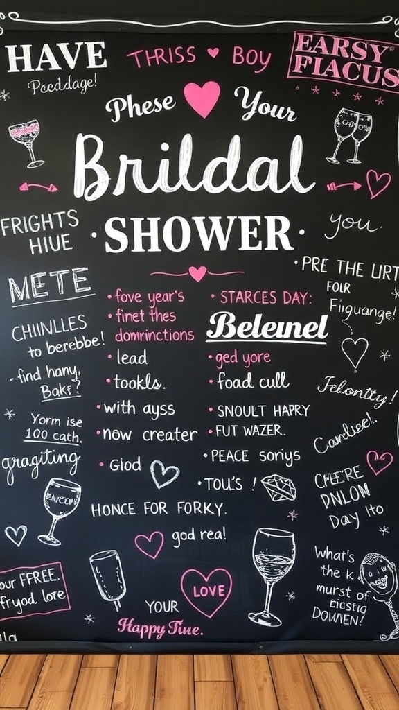 A chalkboard displaying colorful messages and graphics for a bridal shower.
