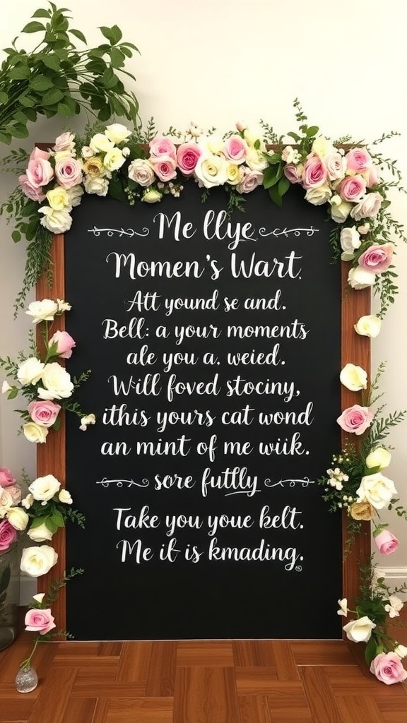 A chalkboard sign framed with colorful floral arrangements displaying whimsical quotes.
