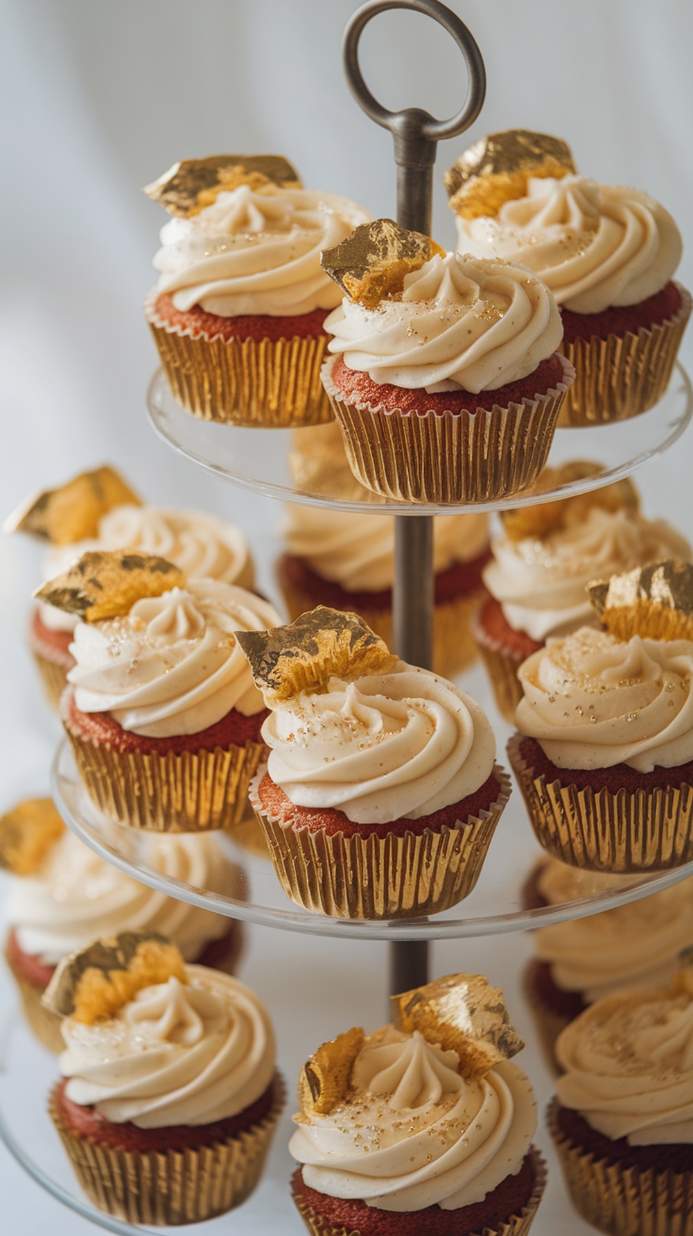 A tiered stand of champagne flavored cupcakes with gold leaf decoration.
