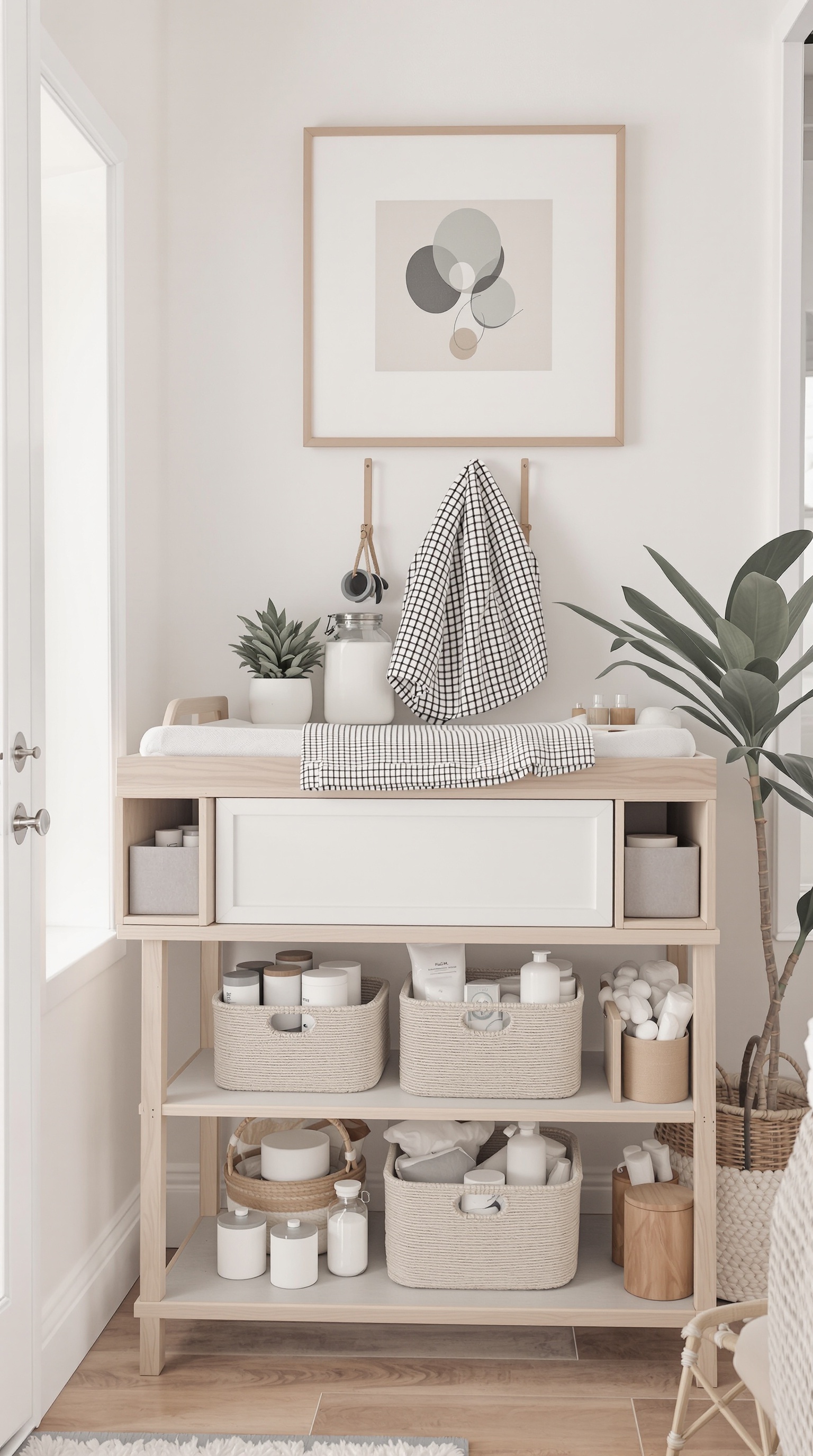 Stylish changing station with organized storage and decorative elements