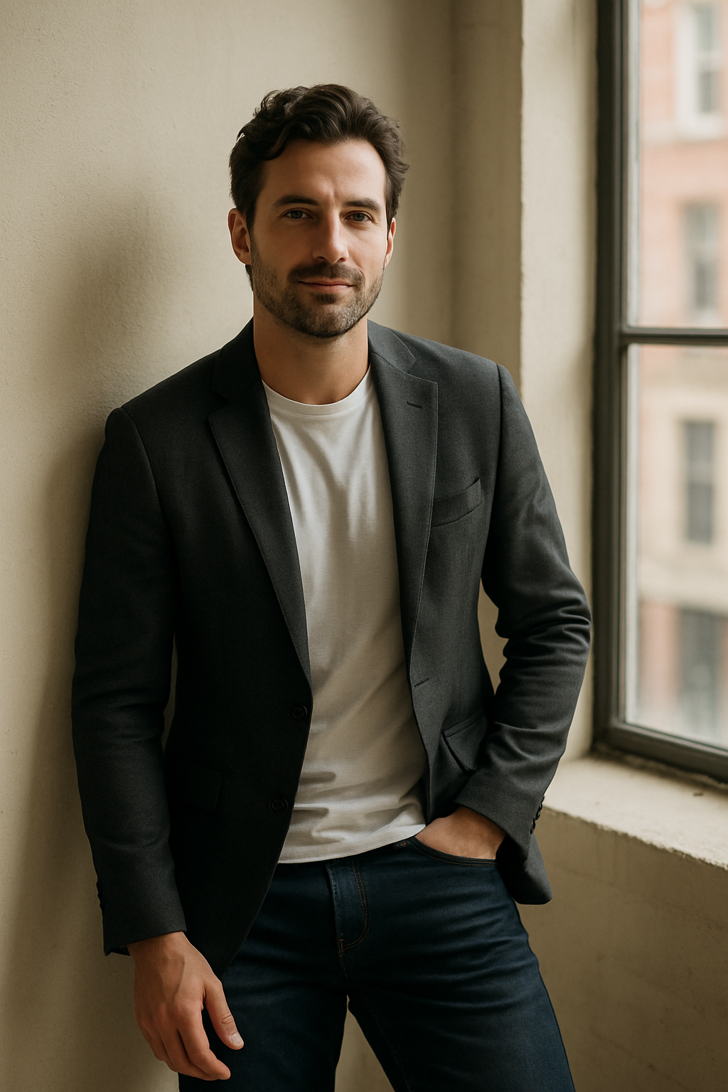 A man in a charcoal blazer and white t-shirt, standing by a window with a relaxed expression.