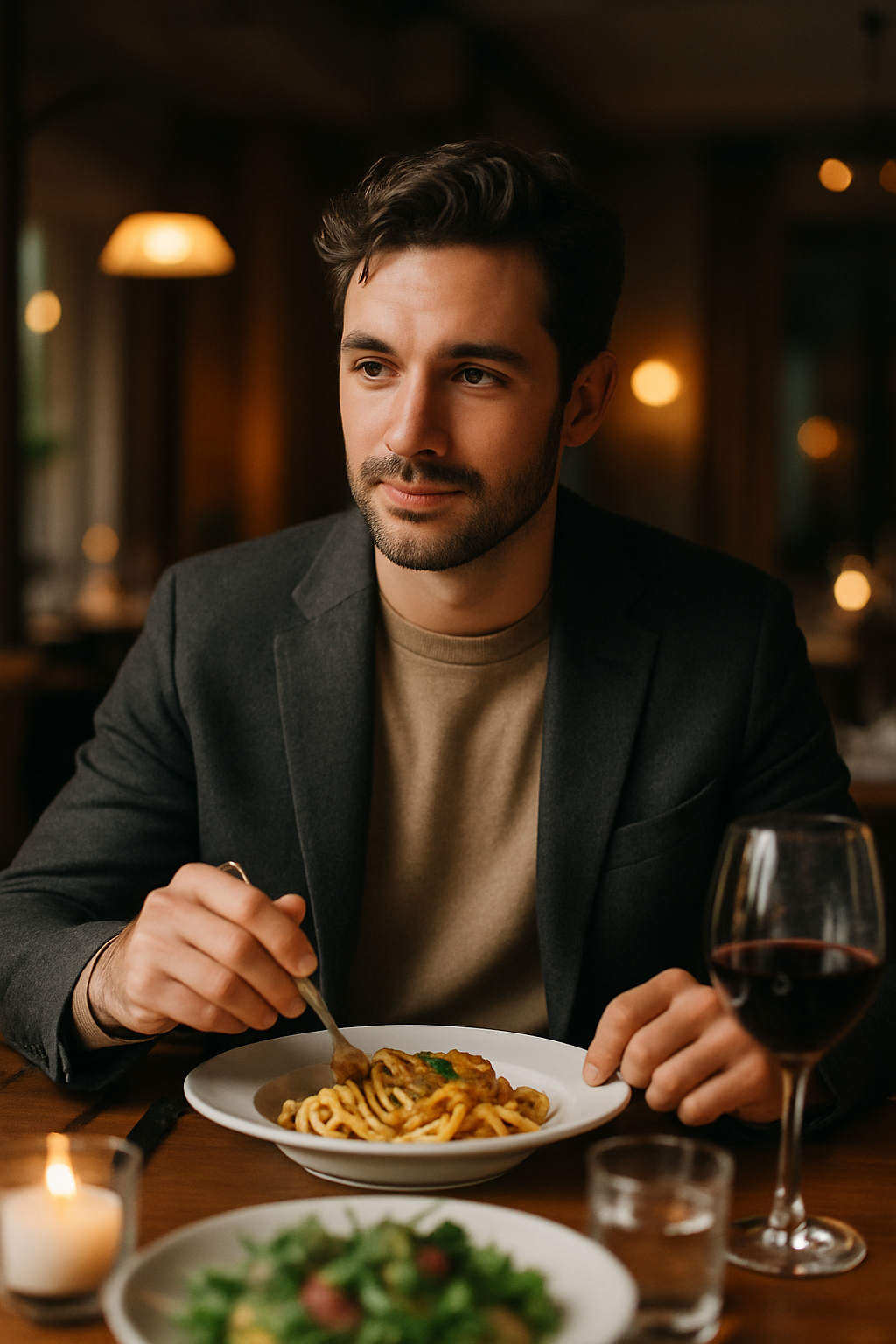 A man in a charcoal blazer enjoying dinner with pasta and wine.