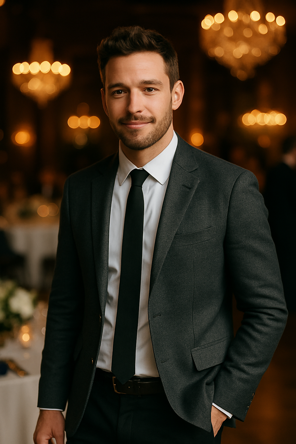 A man in a charcoal blazer with a white shirt and black tie, smiling at a formal event.