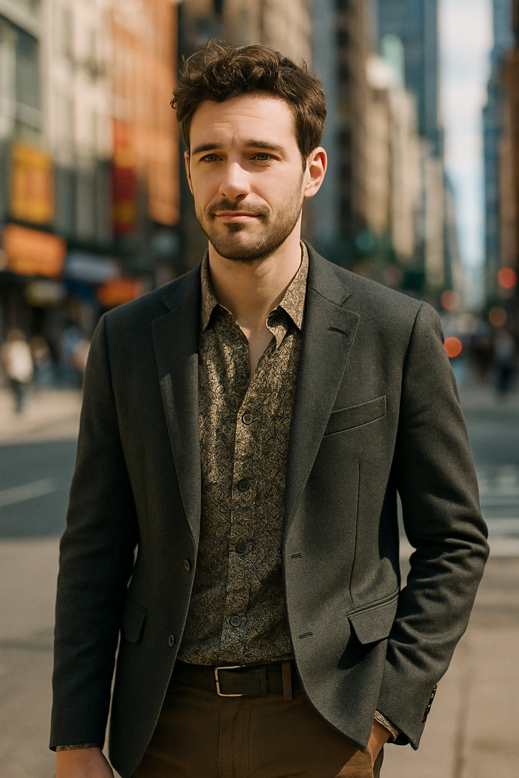 Man wearing a charcoal blazer over a patterned shirt, standing on a city street.