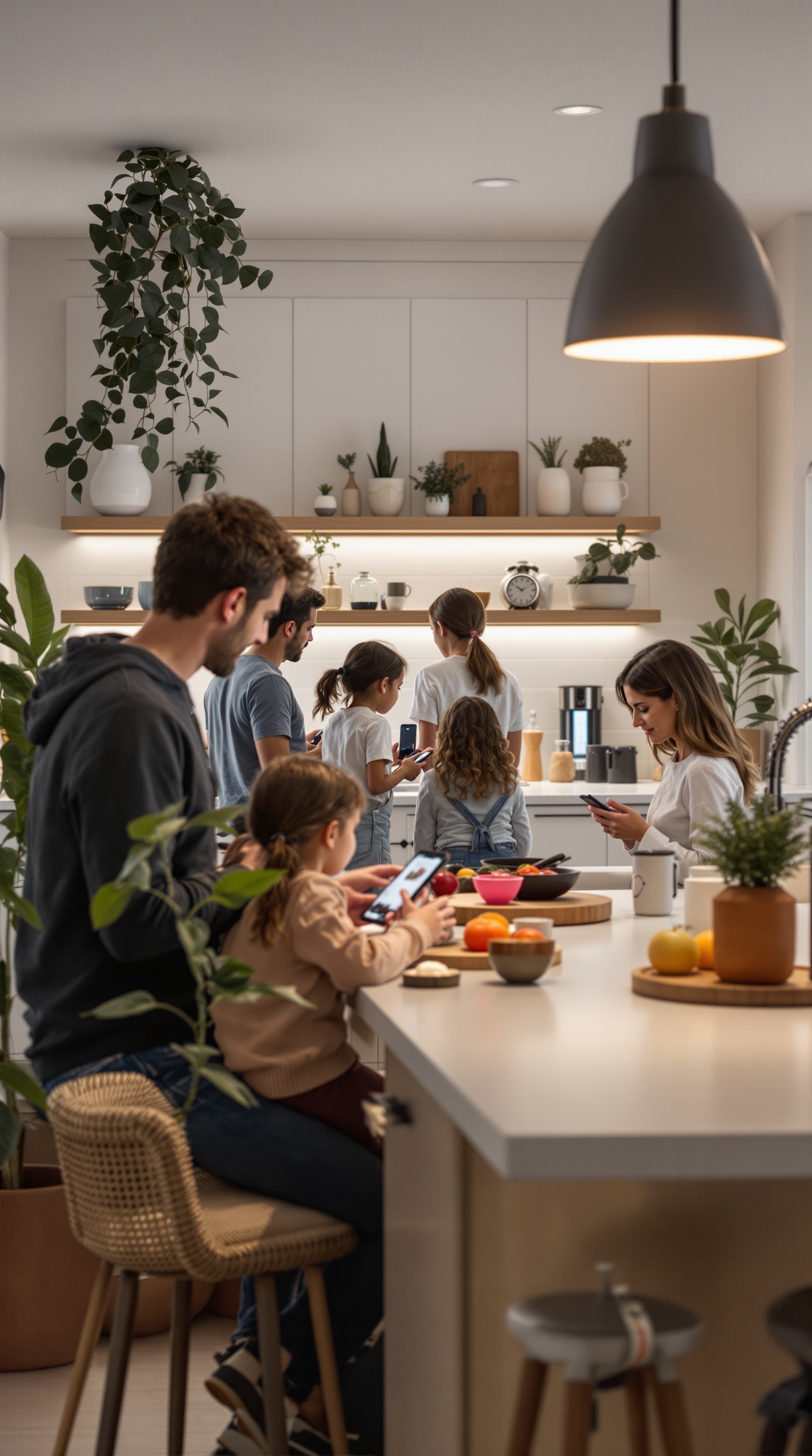 A family in a modern kitchen, engaging with their devices while surrounded by plants and kitchen decor.