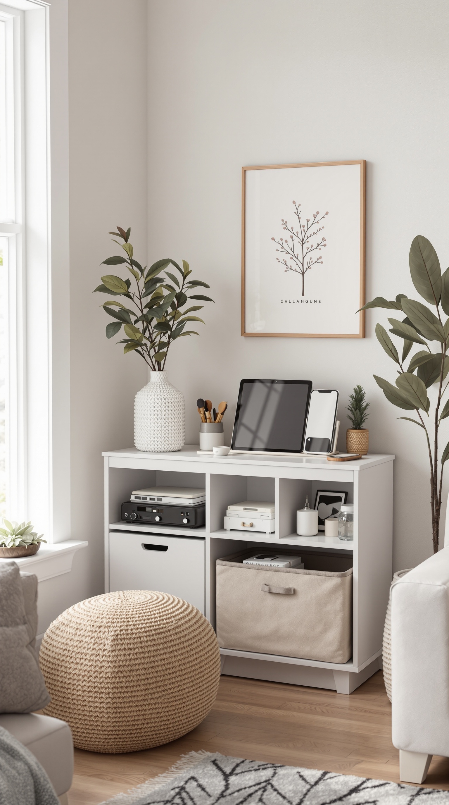 A modern charging station with built-in storage, featuring a white unit with compartments, a tablet, a phone, and decorative plants.