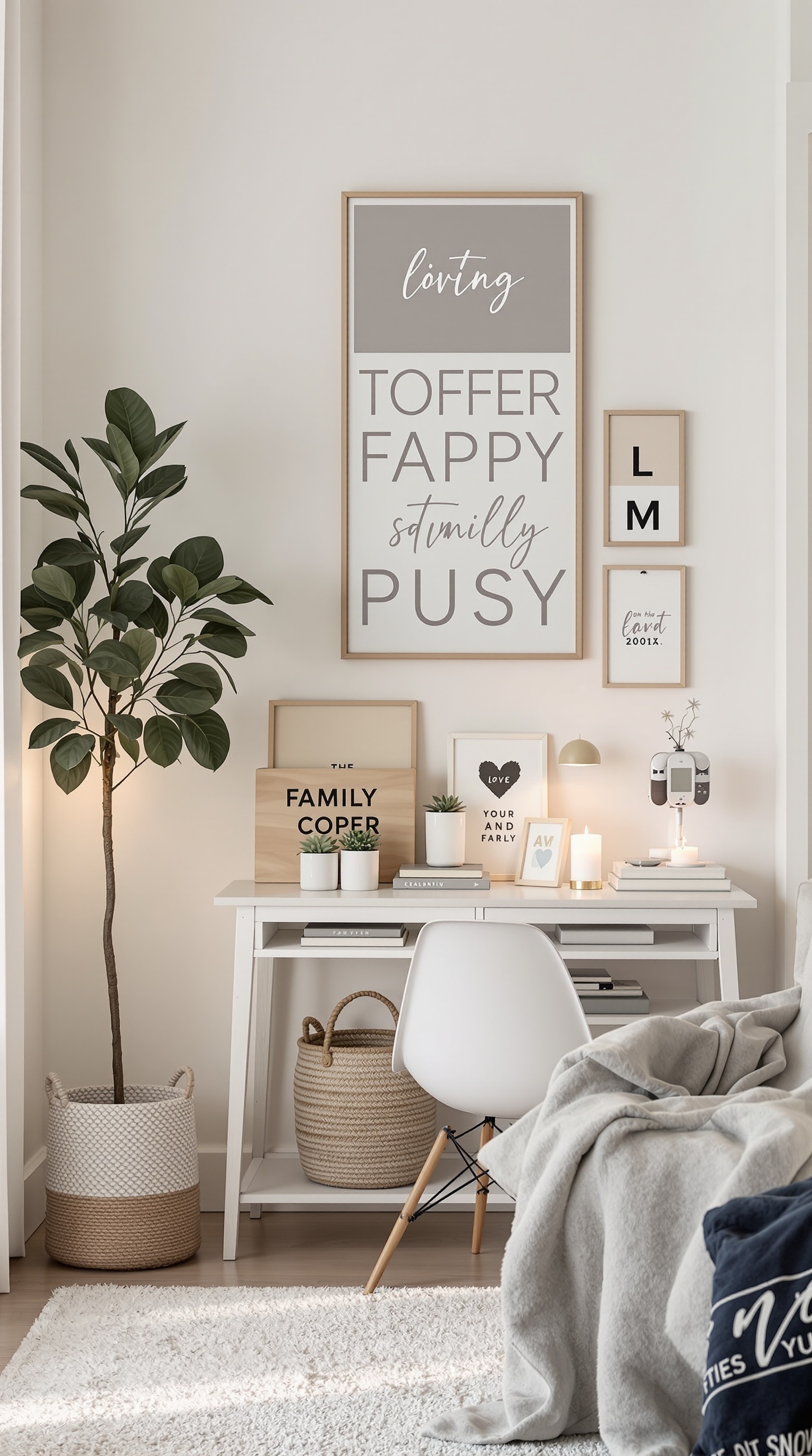 A cozy charging station featuring family-themed decor, a stylish desk, and plants.