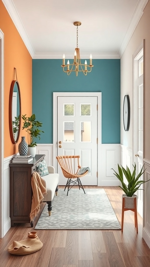 A small entryway featuring orange and teal walls, a stylish chandelier, a wooden console table, and plants.