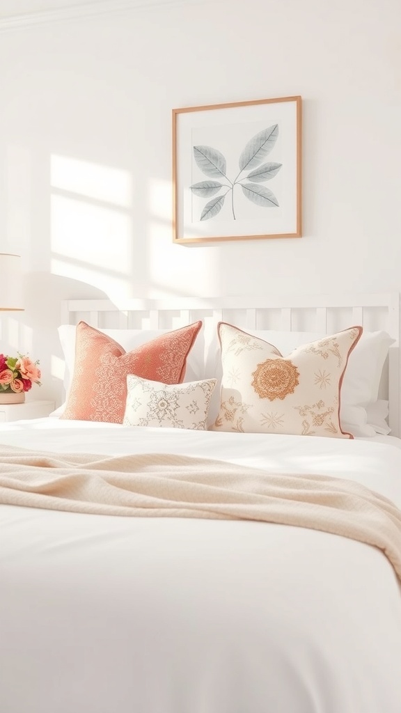 A cozy cottage bedroom with charming accent pillows in soft colors and patterns.