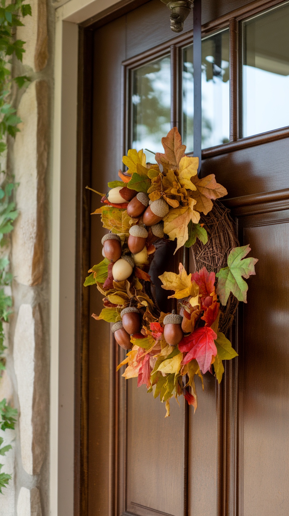 A fall wreath made of colorful leaves and acorns hanging on a wooden door.
