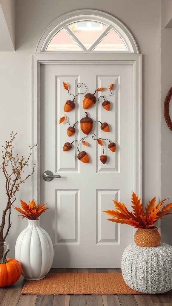 A door decorated with acorns and autumn leaves, surrounded by planters and a pumpkin.