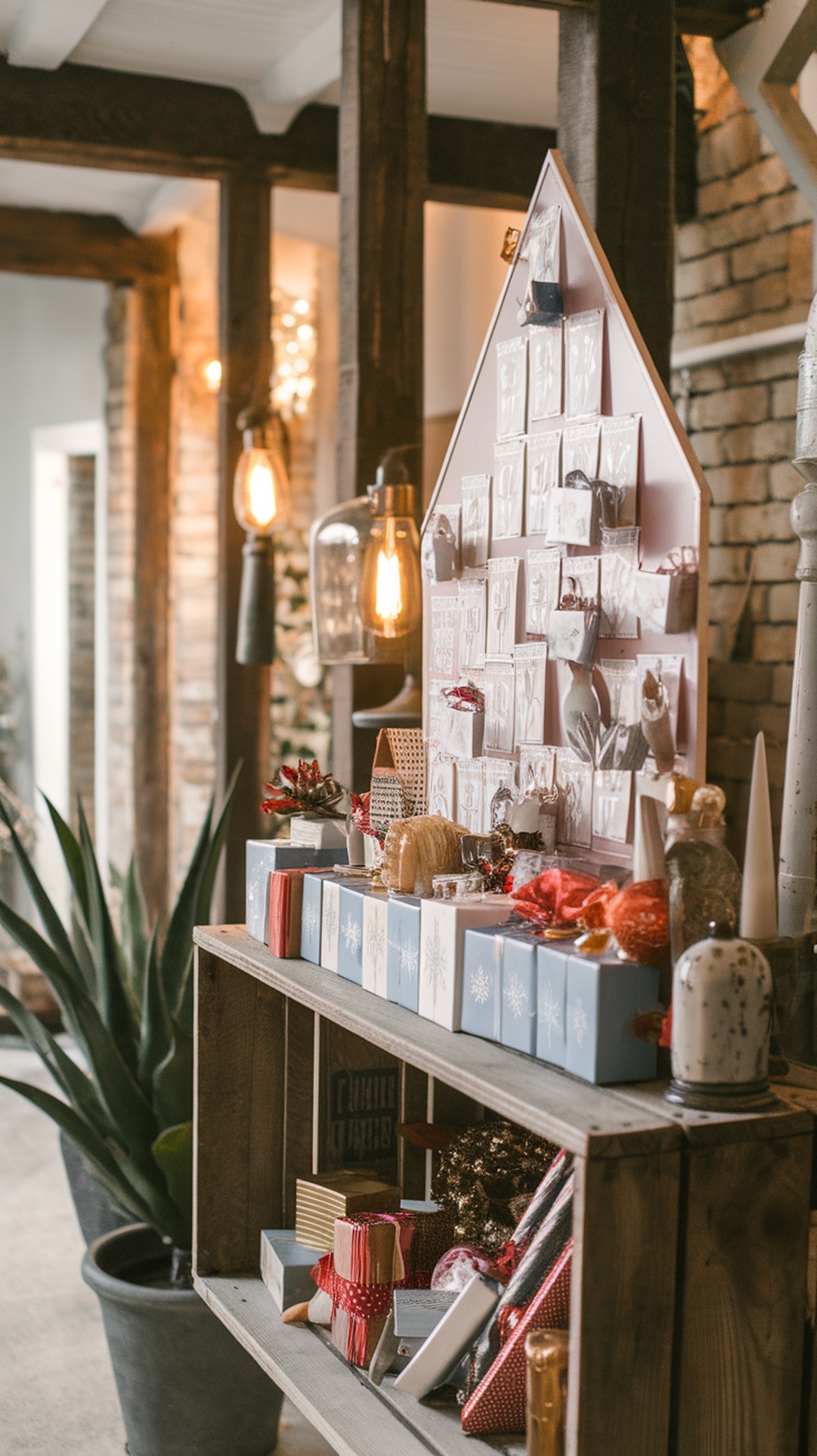 A charming advent calendar designed like a house, filled with small gifts and treats, displayed on a wooden shelf.