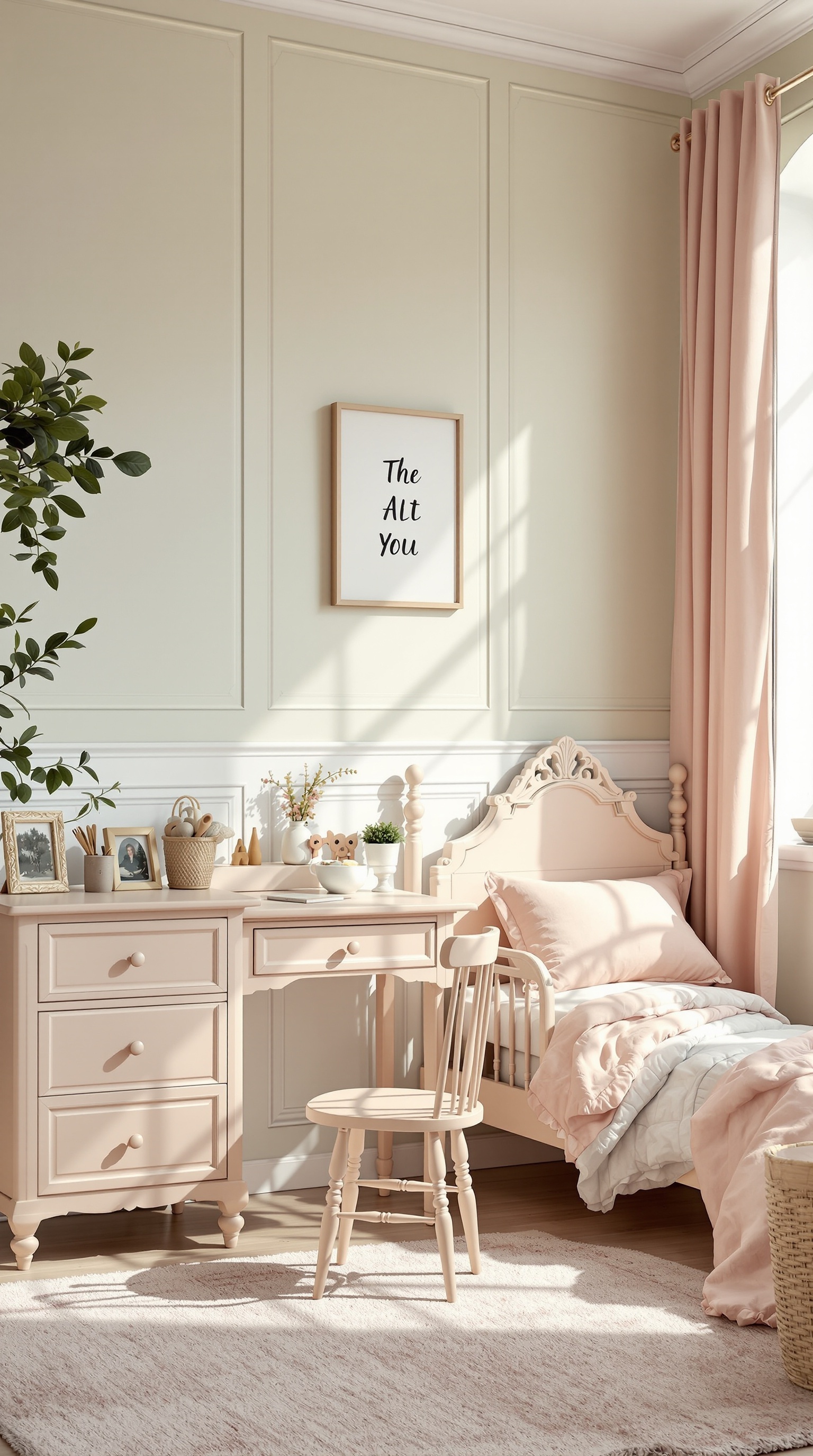 A vintage kids' room featuring antique furniture, soft pastel colors, and decorative elements.
