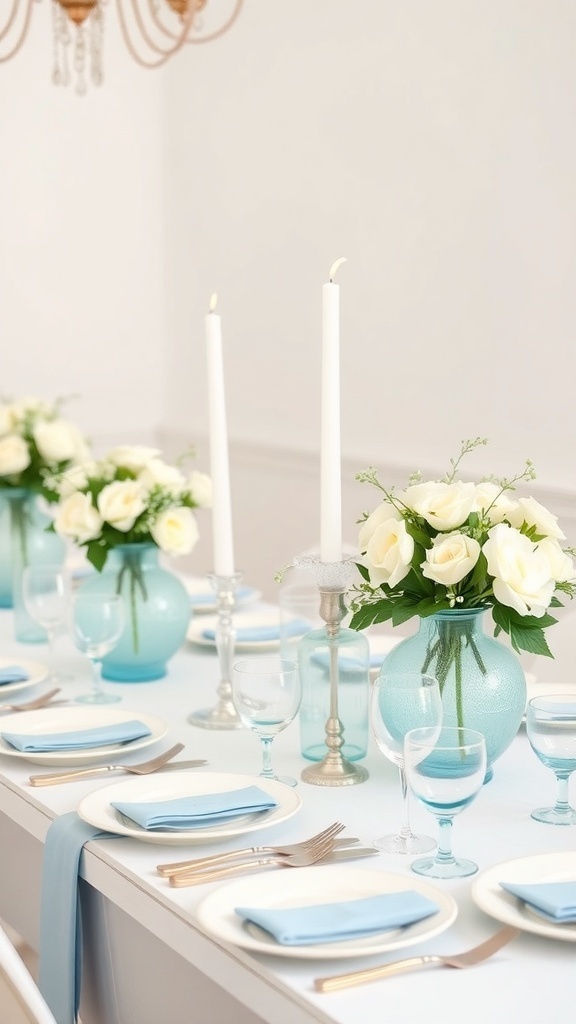 A beautifully decorated table with baby blue vases, white roses, candles, and elegant dinnerware.