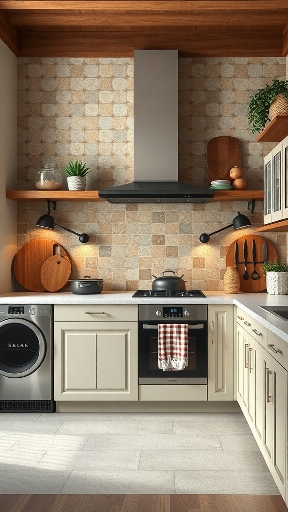 Rustic farmhouse kitchen with a charming tiled backsplash and wooden shelves