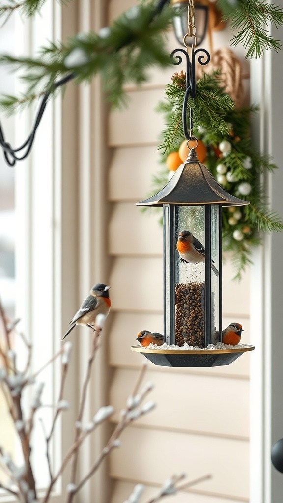 A charming bird feeder hanging by a front door, with birds feeding and greenery around.